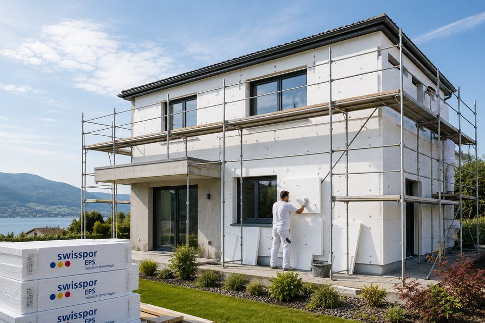 Isolation périphérique : pose de panneaux isolants sur façade depuis un échafaudage